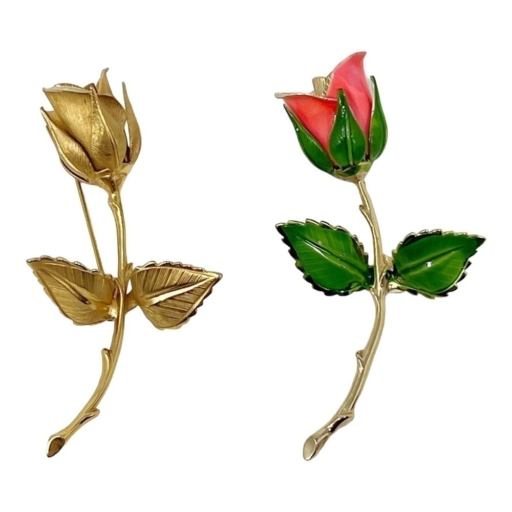 Two VTG Giovanni Signed Roses Brooches Pin Gold Tone Pink Green Enamel Flower